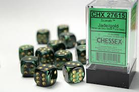 Chessex -  16mm D6 (12 Dice) Scarab Jade Gold For Sale